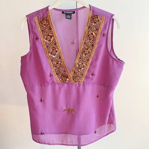 Purple and Gold V-Neck Beaded Sleeveless Blouse, Perfect Condition